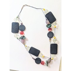 Artisan Colorful Art Glass & Black Wood Double Strand Cord Bohemian Necklace