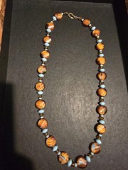 Vintage Orange & Brown Blue Twisted Art Glass Bead Necklace Swarovski