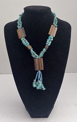 Unique Turquoise Chip and Large Tigers Eye Beads Tassel Necklace 26” SALE!