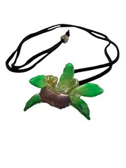 Real Orchid Resin Plastic Dip Flower Necklace Green Purple Suede Cord Adjustable
