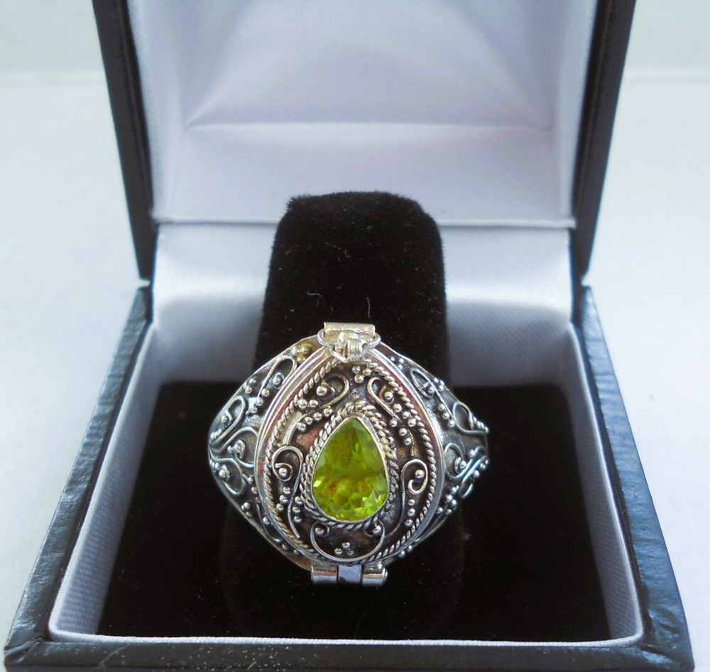 Handmade Sterling Silver Peridot Tear Drop Poison Ring – Sizes 6-7-8-9-10