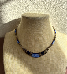 Artisan Handcrafted Blue And Gold Tone Boho Vintage Necklace 16″