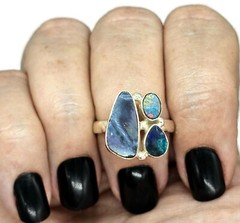 Australian Opal Ring, Size Q, Three Stone Ring, Sterling Silver, Aura Gem