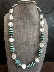Turquoise & White Beaded Necklace with Silver Accents