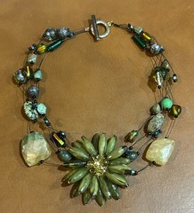 Handmade greens colorful glass beads stones black wire necklace flower pendant