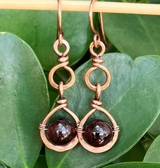 Garnet Wire Wrapped Earrings Copper Teardrop Handcrafted Bohemian Jewelry Stones