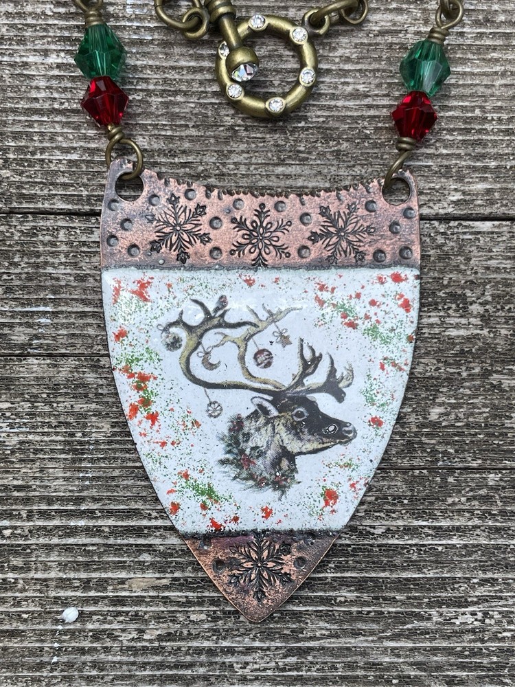Glass Enameled Copper Reindeer Christmas necklace with Swarovski beads HANDMADE