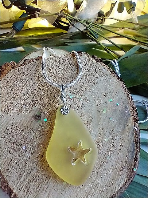Hand Carved Starfish Yellow Sea Glass Pendant Silver Necklace 18″