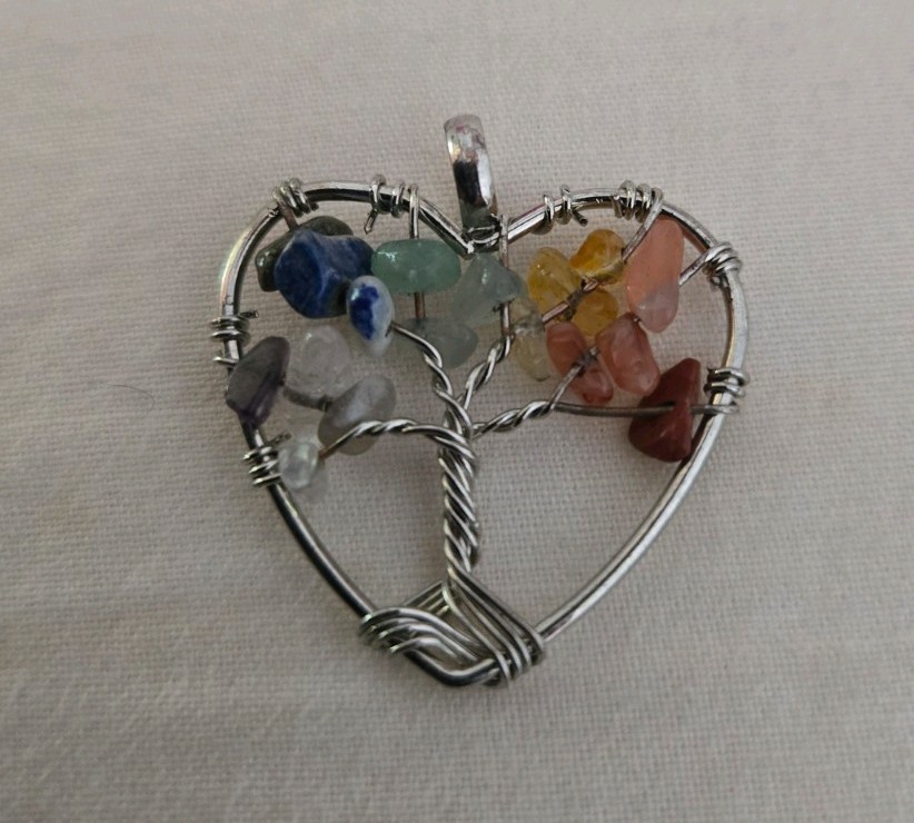 Vintage Artisan Silver Wire Wrapped Heart Gemstone Chakra Tree Of Life Pendant