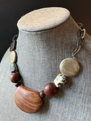 Handcrafted Chunky Statement Necklace Wood Semi Precious Stones Beaded Chain