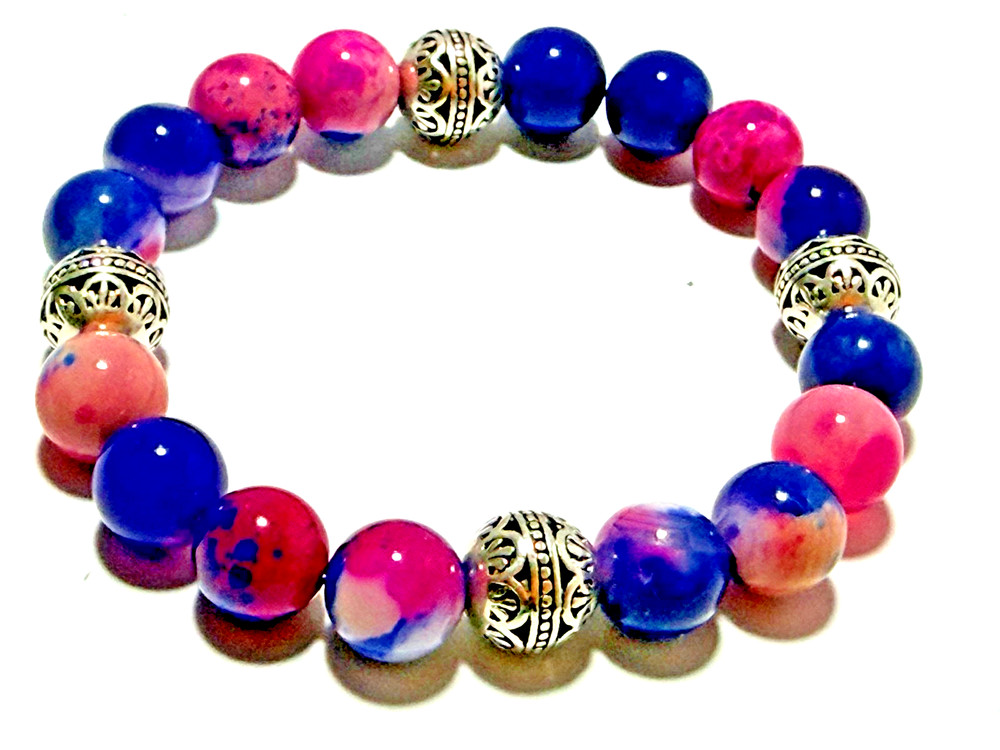 Handmade 10mm Berry Blast Agate Gemstone & Tibetan Silver Bead Bracelet