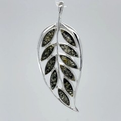 Green BALTIC AMBER Leaf Pendant – 925 STERLING SILVER – Poland – Natural #1910e