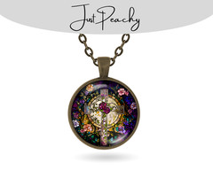 Purple Floral Cross Faith Religious Bronze Jewelry Necklace Earrings Bracelet