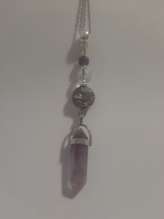 Genuine AMETHYST DT Crystal CLEAR QUARTZ Beads Glass Moon Face Pendant Necklace