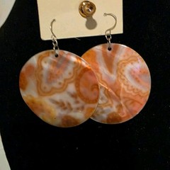 Handcrafted Round Orange & White Disc Dangle/Drop Hook Earrings, Silver Metal