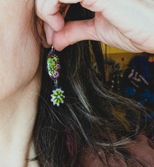 Handmade Murrini Enamel Copper Dangle Earrings Floral .925 Wires (20745)