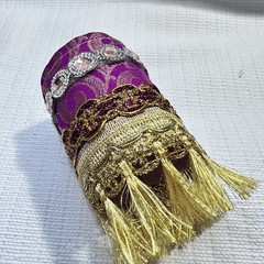 Boho Fabric Wide Cuff Womens Bracelet Jeweled Fringe Metallic Handmade 7.5 8