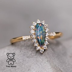 Stylish Australian Black Opal & Halo Diamond Engagement Ring 18K Yellow Gold