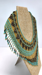 Hand Beaded Collar Bib Necklace Glass Beads Turquoise Blue Golden Browns