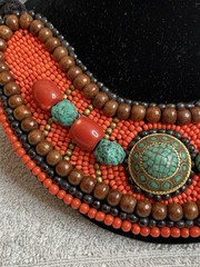 Tibetan beaded bib necklace w/faux turquoise, coral/amber, ethnic jewelry W/Box