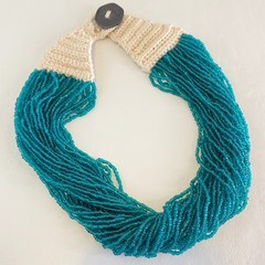 Vintage 1984 India Coin Teal Glass Seed Bead Multi Strand Crochet Necklace 21″