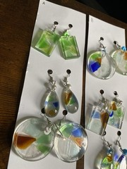 3 Pairs Resin Multicolor Beach Glass Silver Plated Dangle Lobe Earrings w Beads