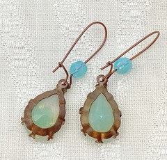 Brass & Blue Green Aqua Sabrina Glass Earrings – Pierced, Opal Like, Dangle