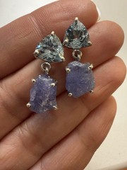 Sterling Silver Blue Topaz And Tanzanite Rough Stone Dangle Earrings 7/8”