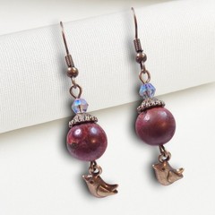 Picasso Jasper Gemstones Bird Earrings Boho Antique Bronze Rustic Hooks