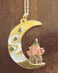 Brass Plated Fairy Mushroom House Sitting On The Moon Pendant 16in Gold Necklace