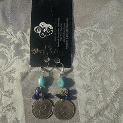 Galaxia Berillus Handcrafted Turquoise & Lapis Dangle Drop Hook Earrings Silver