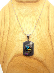 Sterling Silver Dichroic Art Glass Amethyst Moonstone Dog Tag Pendant Necklace