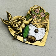 Vintage Perfex Brass Enamel Rabbit Heart Watch Face Brooch Pin Multicolor Womens