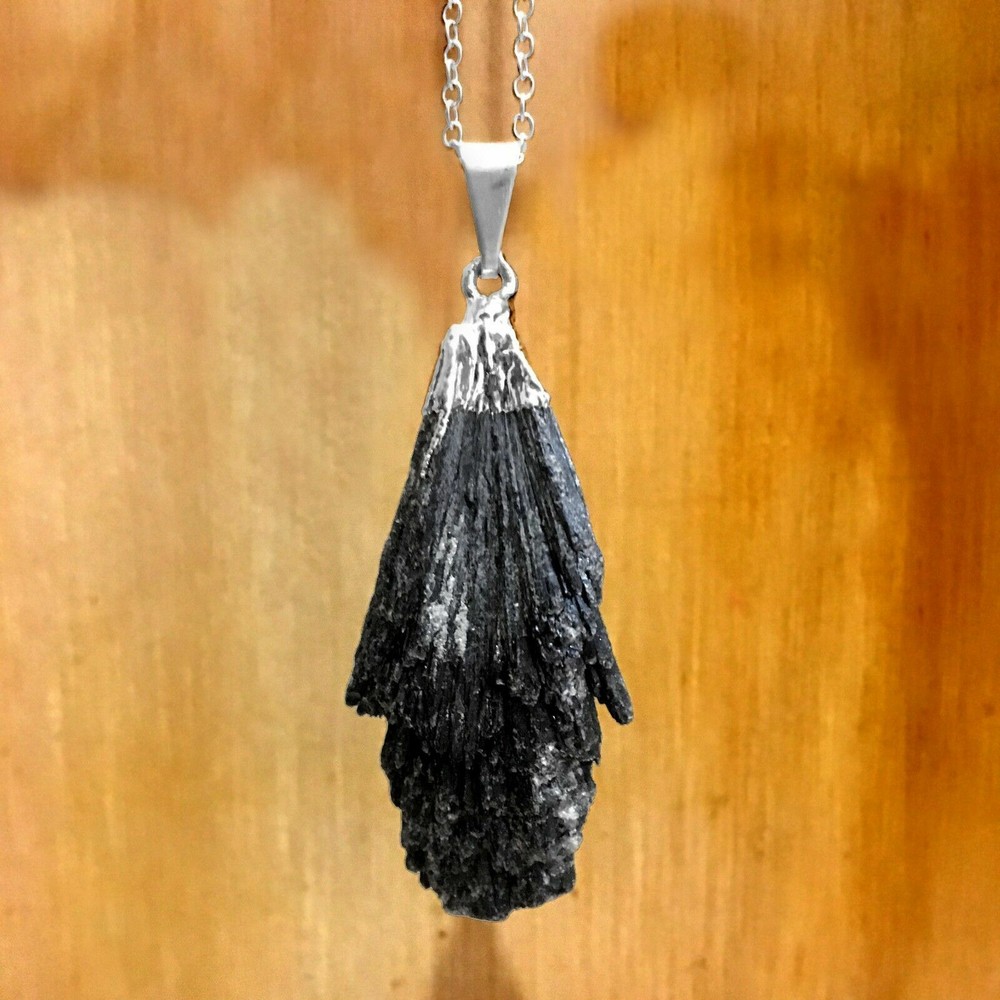 Black Kyanite Pendant Chakra Natural Crystal Angel Wing Sterling Necklac Gemston