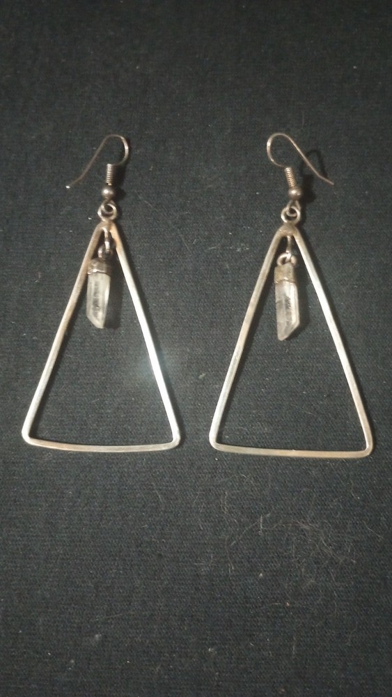 Triangle, Silver, Dangle Earrings, with Quartz Crystal Points, 2 inches, Jewelry