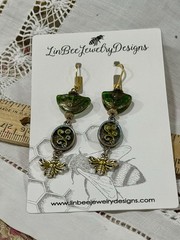 Boho Whimsical Green Czech Glass Bee Charm Romantic OOAK Dangle Earrings Gift