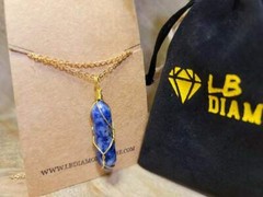 Natural Blue Soladite Handmade Point Necklace Hexagon Chain Gold wire wrapped Pe