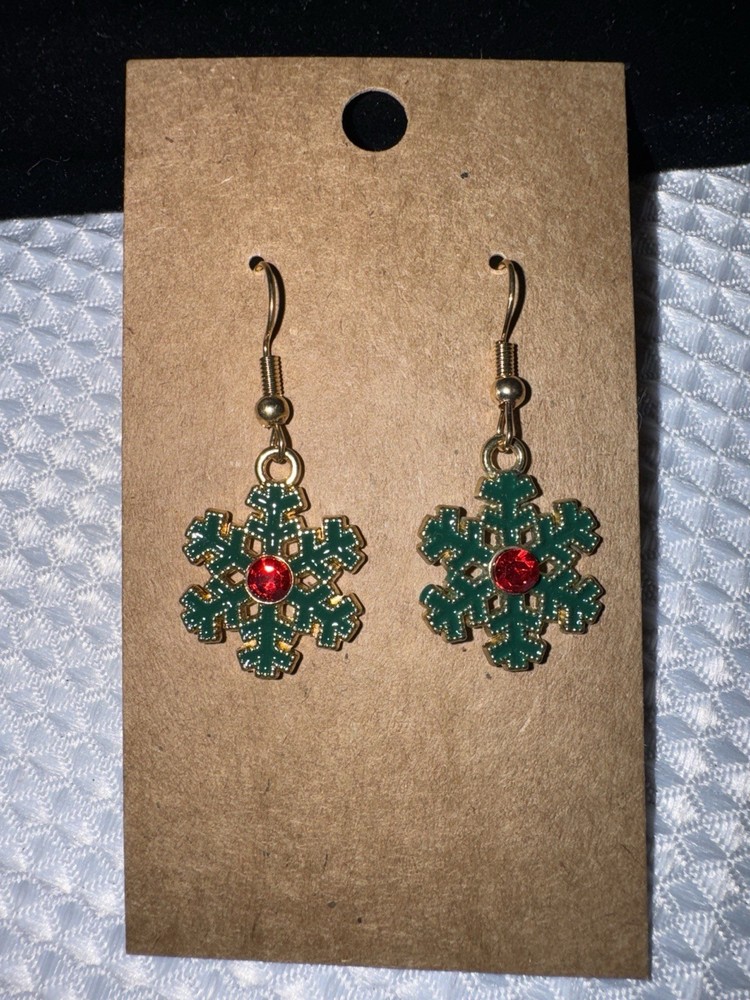 Snowflake Dangle Earrings Green Red Rhinestone Shepherds Hook Handmade 1.5” New