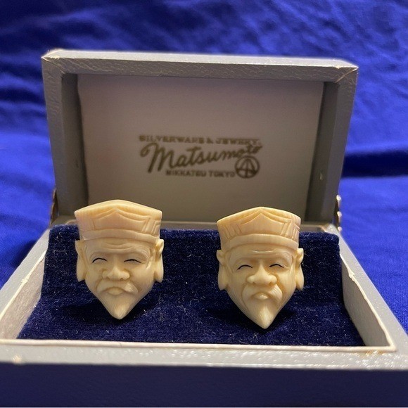 Vintage 50’s Matsumoto Tokyo Carved Celluloid Face Good Fortune Earrings Signed