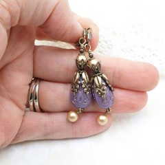 Purple & Gold Victorian Style Earrings, Acrylic Faux Pearl Antique Brass Jewelry