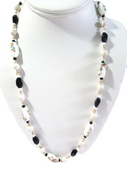 Porcelain Glass Beaded Necklace on Wire Black White and Art Glass