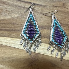 Handcrafted Beaded Teardrop Dangle Earrings Glass Purple Turquoise Gold 2in