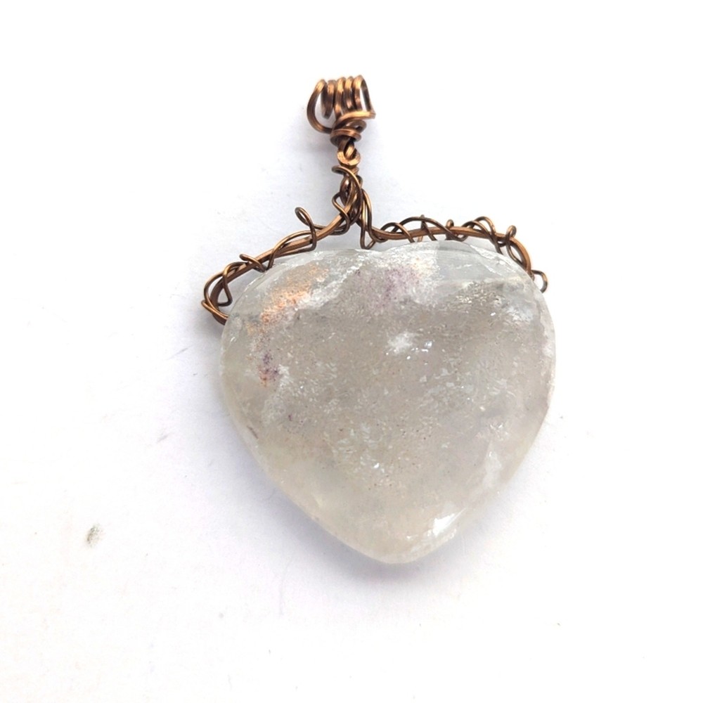 Artisan Hand Made Wire Wrapped White Crystal Quartz Heart Boho Pendant
