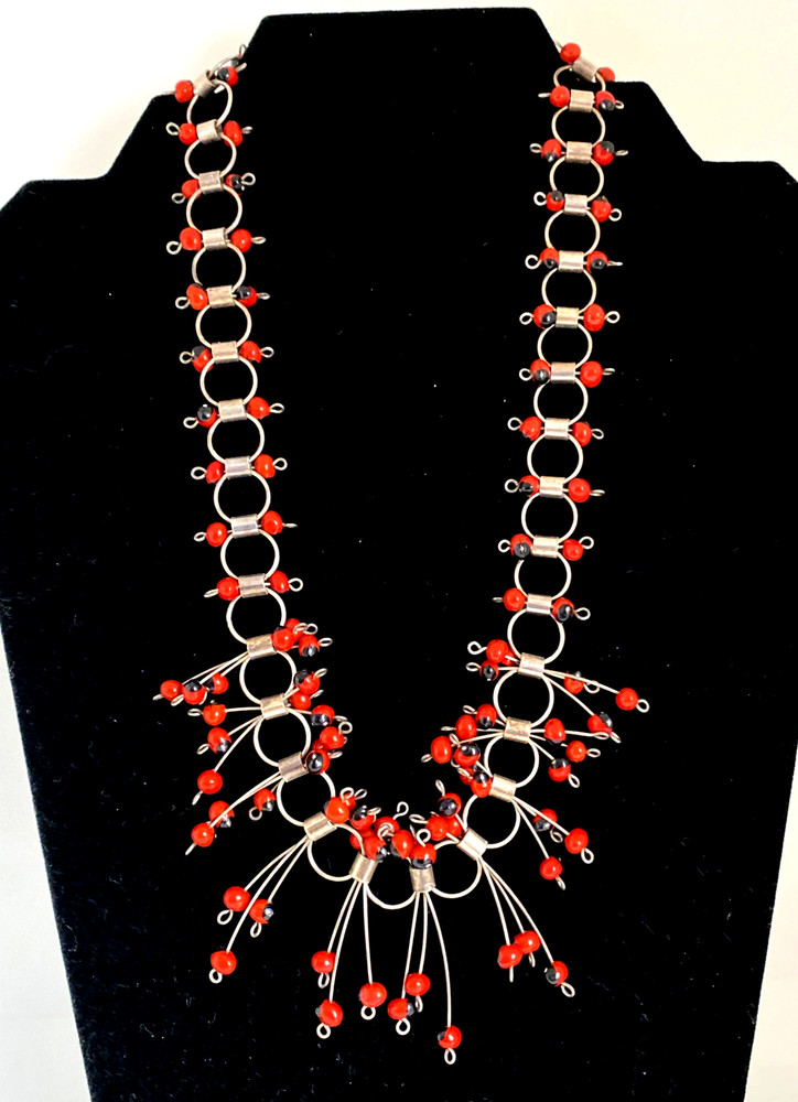 Artisan Huayruro Seed Red Black Bead Bib Collar Link Necklace .925 Silver BOHO