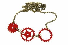 Enamel Gear Chain Necklace 3er Red Steampunk Enameled 60cm