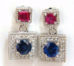 Princess Cut Pink Ruby With Round Cut Blue Sapphire & White CZ Handmade Earrings