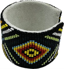 Handmade beaded Black Multicolored leather Hard cuff bracelet