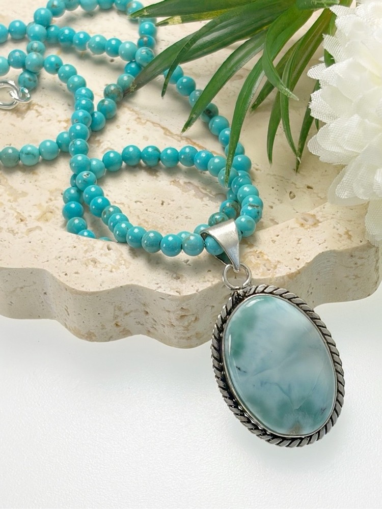 Larimar Pendant Southwest Oval Turquoise Necklace Sterling Silver 925 Overlay