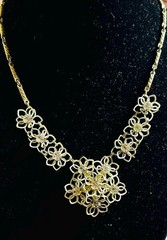Vintage Lacy Rhinestone Floral Necklace • Mid Century Wirework Bib • Gold Tone S