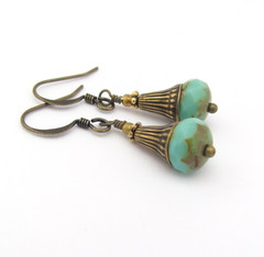 Turquoise Blue Green Glass Beaded Earrings Antiqued Brass Czech Glass Gift